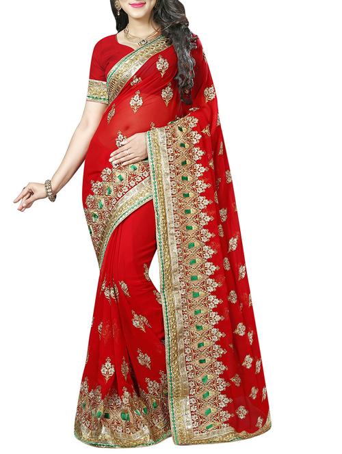 red embroidered saree - 13911672 - Very Small Image - 1