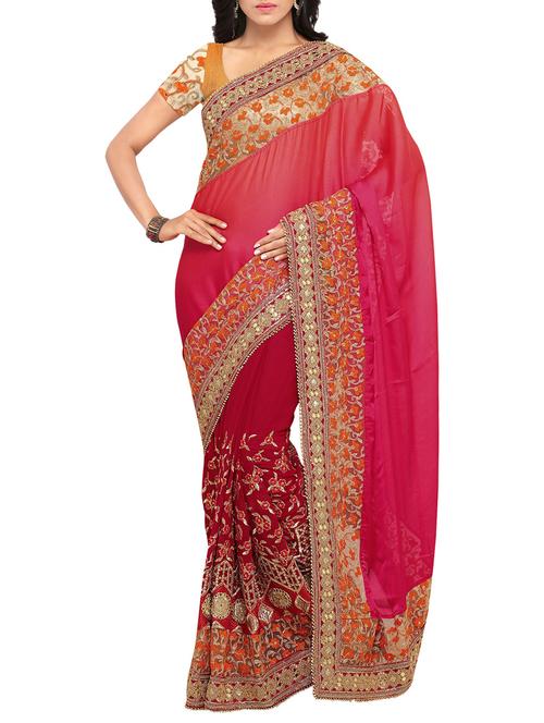 red & pink silk blend half & half saree with blouse - 13914918 - Very Small Image - 1