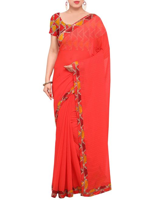 red chiffon bordered saree with blouse - 13917690 - Very Small Image - 1