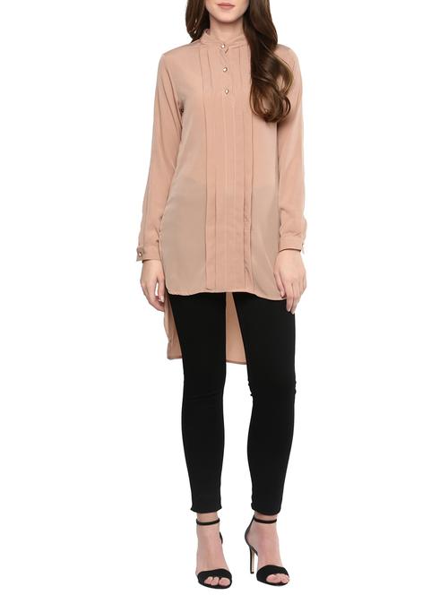 beige crepe tunic with high low hem - 13923190 - Very Small Image - 1