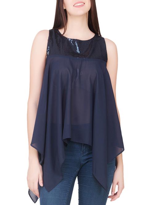 navy blue georgette top with handkerchief hem - 13924067 - Very Small Image - 1