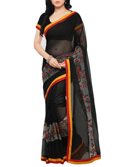 black cotton printed saree with blouse - 13927765 - Very Small Image - 1