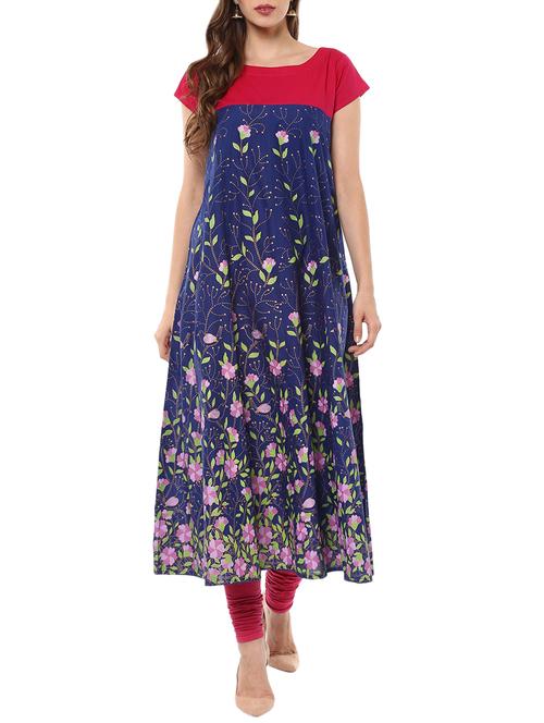 blue cotton printed flared kurta - 13927915 - Very Small Image - 1