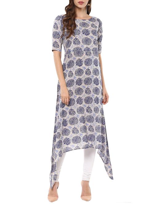 blue cotton printed high-low kurta - 13927921 - Very Small Image - 1