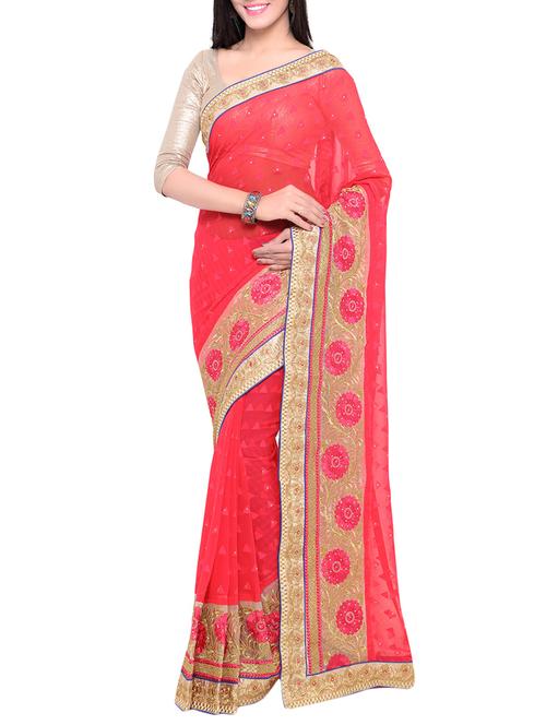 pink poly crepe embroidered saree with blouse - 13927944 - Very Small Image - 1