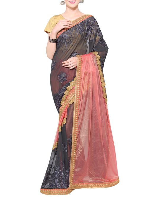 black lycra embroidered saree with blouse - 13927949 - Very Small Image - 1