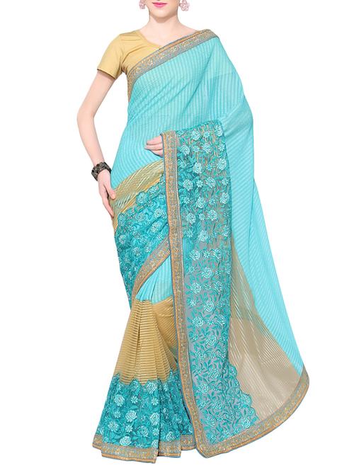 turquoise embroidered polycrepe saree with blouse - 13927952 - Very Small Image - 1