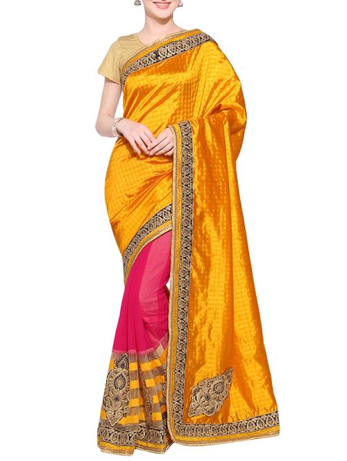 yellow & pink poly crepe half and half saree with blouse - 13927953 - Very Small Image - 1