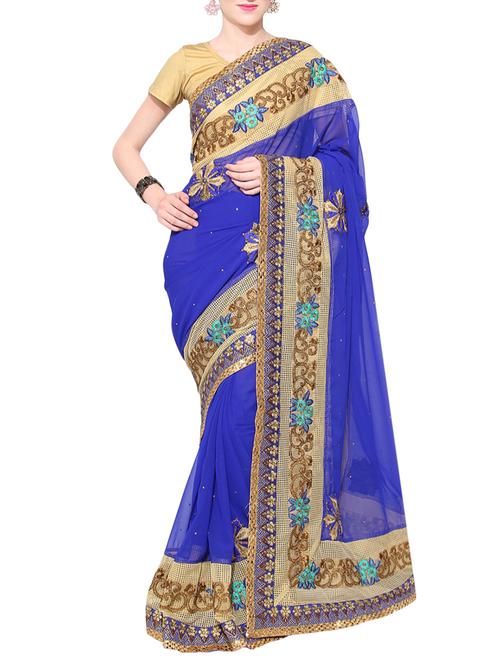 blue embroidered georgette saree with blouse - 13927957 - Very Small Image - 1