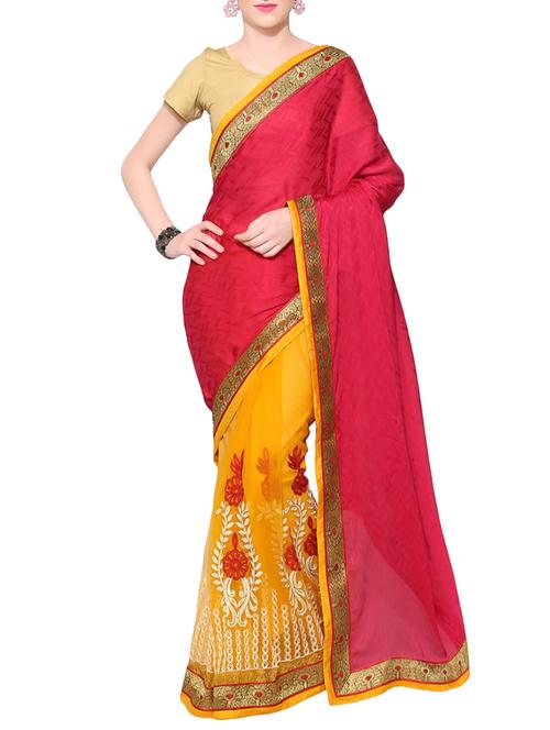 pink and yellow half and half polycrepe saree with blouse - 13927966 - Very Small Image - 1