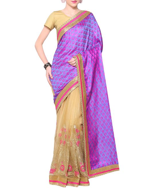 purple and beige half and half poly crepe saree with blouse - 13927967 - Very Small Image - 1