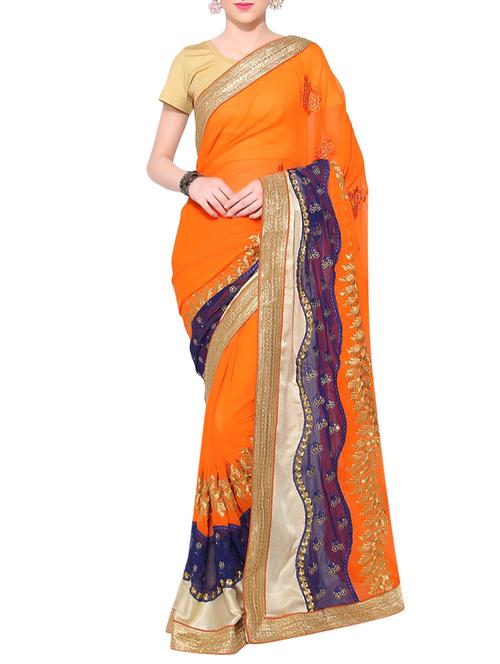 orange floral embroidered saree with blouse - 13927969 - Very Small Image - 1