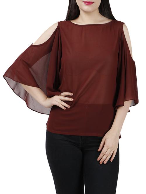 solid brown top with cold shoulder sleeve - 13928053 - Very Small Image - 1