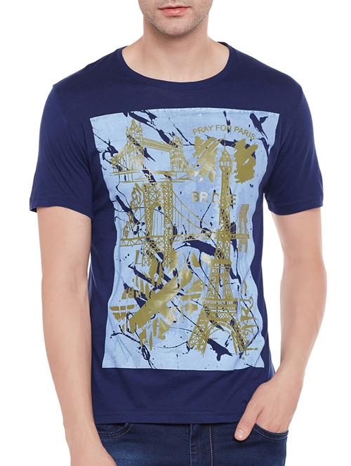navy blue cotton front print tshirt - 13928519 - Very Small Image - 1
