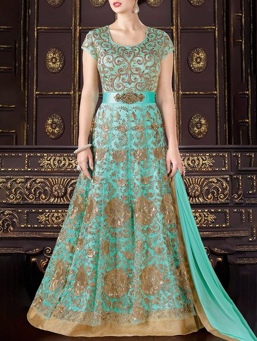 sky blue net embroidered anarkali semi-stitched suit - 13929455 - Very Small Image - 1