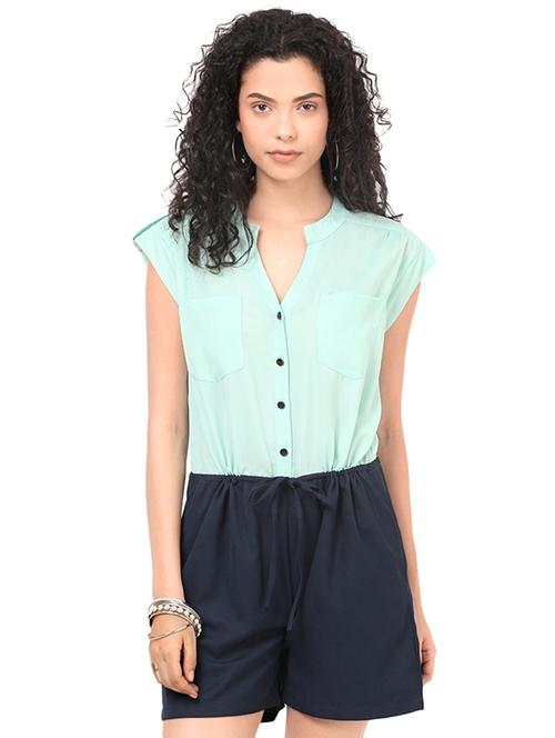 drawstring waist color block romper - 13932325 - Very Small Image - 1