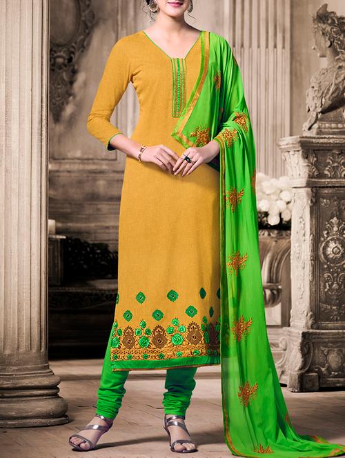 yellow cotton embroidered dress material - 13932544 - Very Small Image - 1
