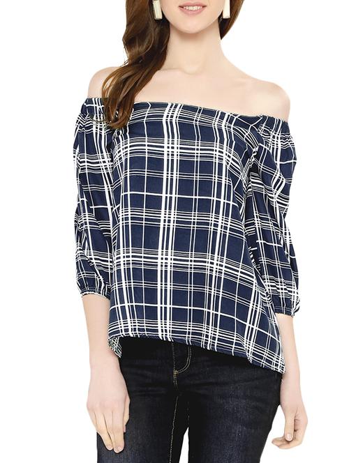 navy blue checkered polycrepe regular top - 13933644 - Very Small Image - 1