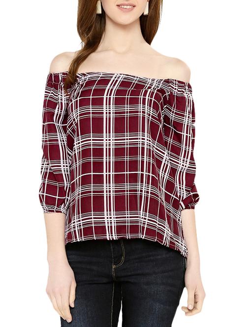 maroon checkered polycrepe regular top - 13933646 - Very Small Image - 1