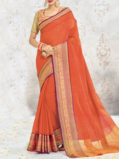 orange cotton blend bordered saree with blouse - 13934190 - Very Small Image - 1