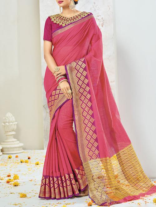 pink cotton blend bordered saree - 13934192 - Very Small Image - 1