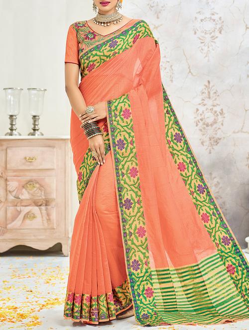 orange cotton blend bordered saree - 13934197 - Very Small Image - 1