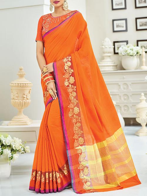 orange cotton blend bordered saree with blouse - 13934199 - Very Small Image - 1