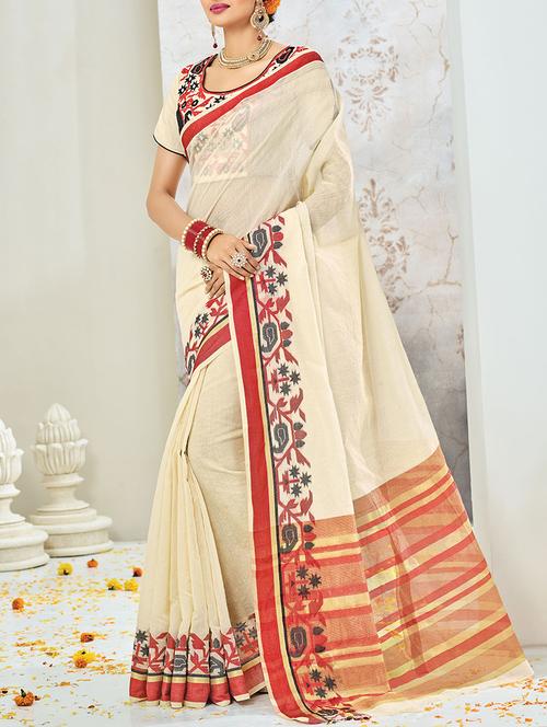 cream cotton blend bordered saree - 13934200 - Very Small Image - 1
