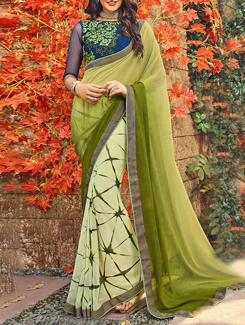 green georgette printed half & half saree - 13934202 - Very Small Image - 1