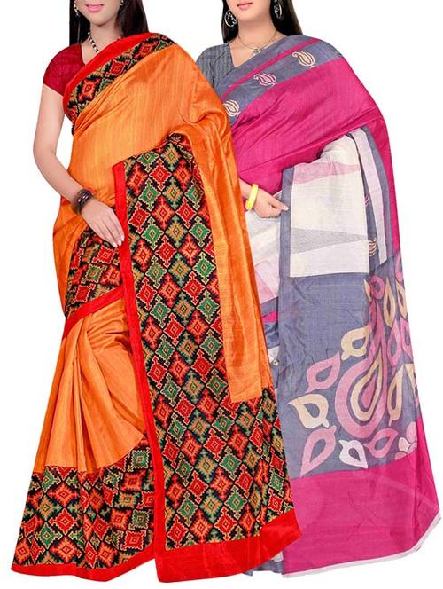 multi colored bhagalpuri combo saree with blouse - 13938476 - Very Small Image - 1
