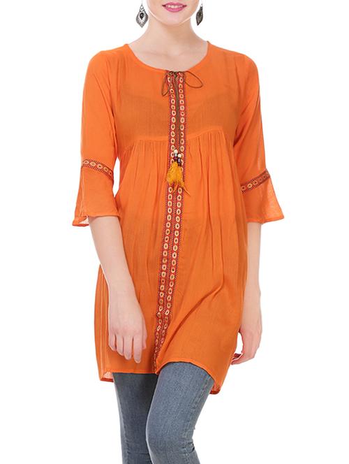 orange crepe aline kurti - 13940536 - Very Small Image - 1