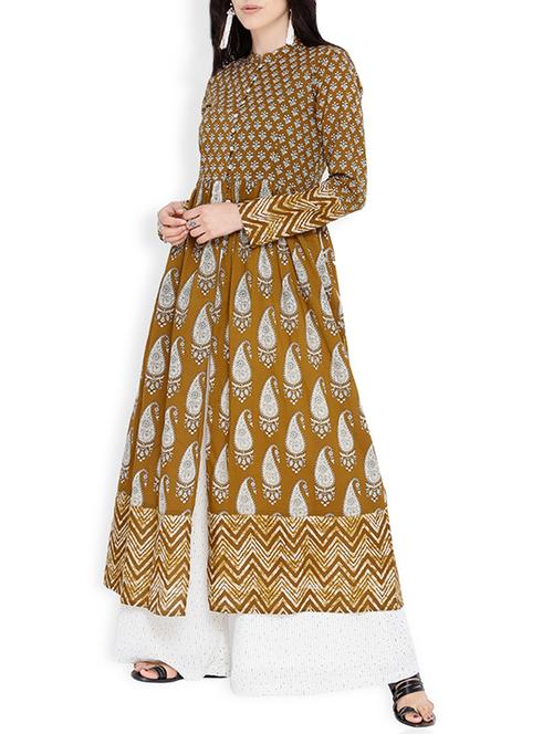brown cotton printed high slit kurta - 13941534 - Very Small Image - 1