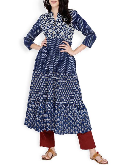 indigo tiered flared kurta - 13941568 - Very Small Image - 1