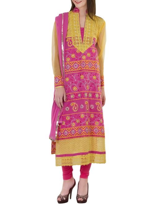 pink cotton blend embroidered semi-stitched churidaar suit - 13942408 - Very Small Image - 1