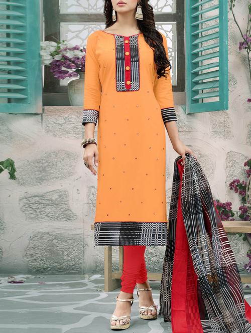 orange cotton unstitched suit - 13942638 - Very Small Image - 1