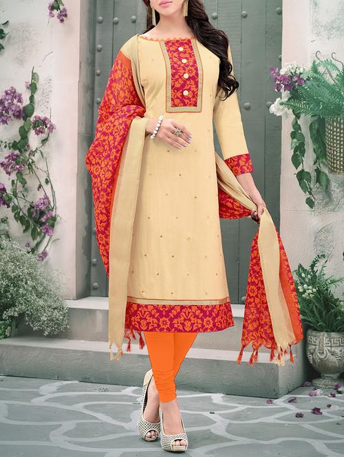 beige cotton unstitched suit - 13942648 - Very Small Image - 1