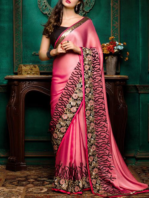 pink satin embroidered saree - 13942757 - Very Small Image - 1
