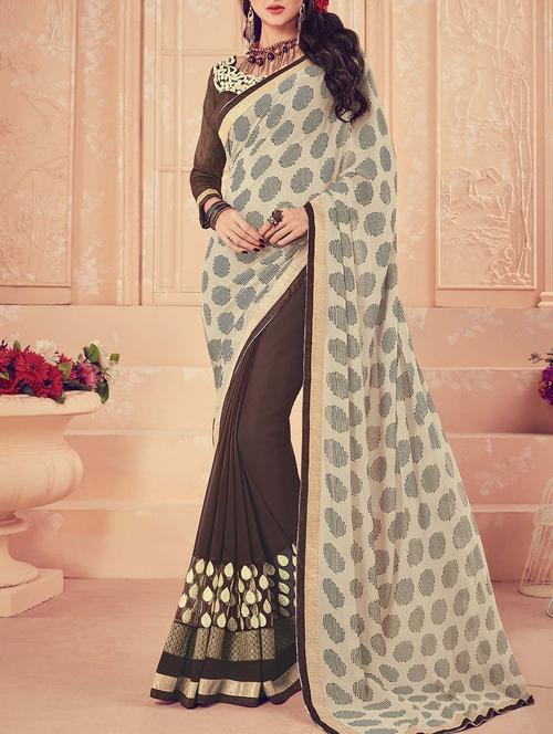 beige & brown georgette embroidered half & half saree with blouse - 13943338 - Very Small Image - 1