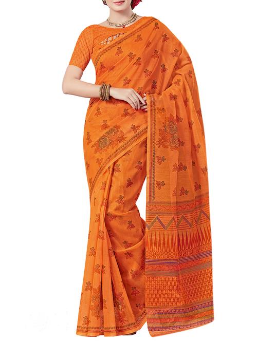 floral printed orange saree with blouse - 13947252 - Very Small Image - 1
