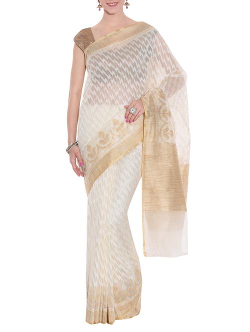 cream net woven saree with blouse - 13948201 - Very Small Image - 1