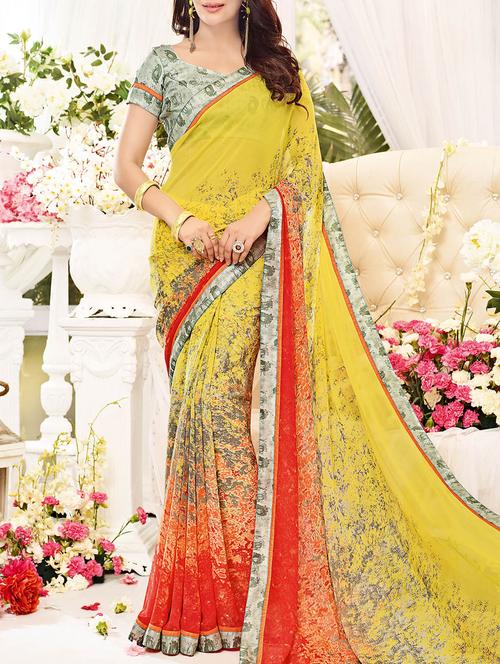yellow & orange georgette printed saree with blouse - 13948709 - Very Small Image - 1
