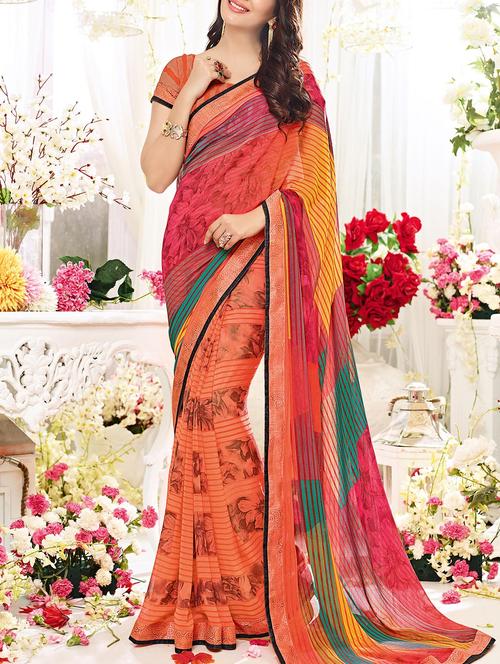 orange georgette printed saree with blouse - 13948711 - Very Small Image - 1