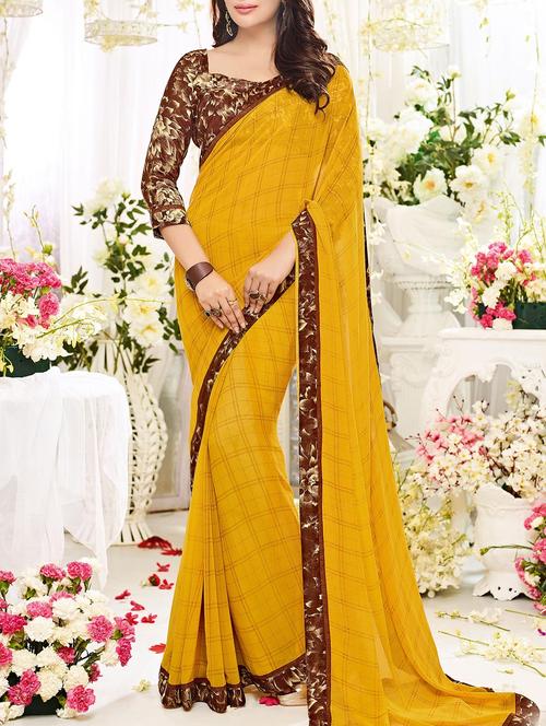 yellow georgette printed saree with blouse - 13948712 - Very Small Image - 1