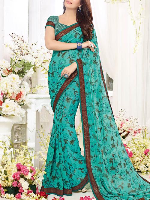 turquoise georgette printed saree with blouse - 13948722 - Very Small Image - 1