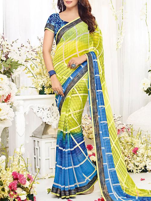 yellow & blue georgette printed saree - 13948724 - Very Small Image - 1