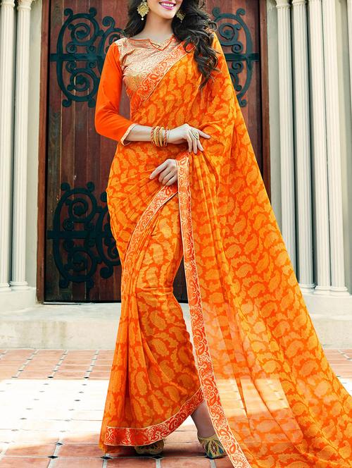 orange georgette printed saree - 13948748 - Very Small Image - 1