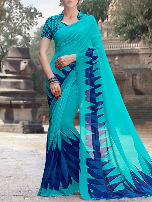 turquoise georgette printed saree with blouse - 13948769 - Very Small Image - 1