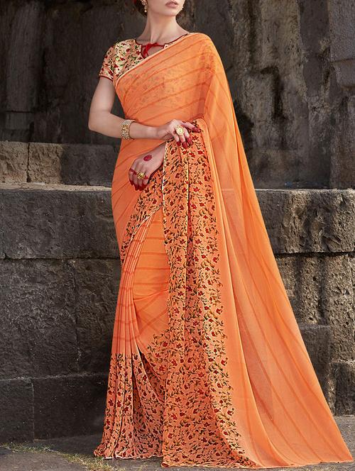 orange georgette printed saree with blouse - 13948775 - Very Small Image - 1