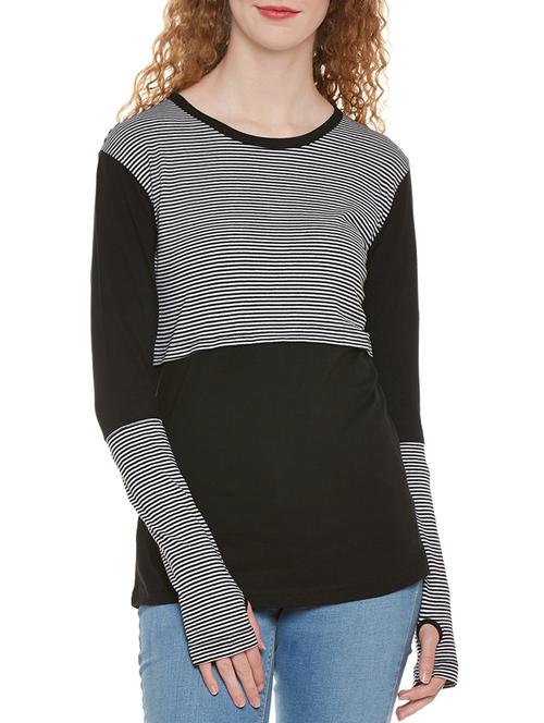 thumb hole sleeved striped tee - 13950025 - Very Small Image - 1