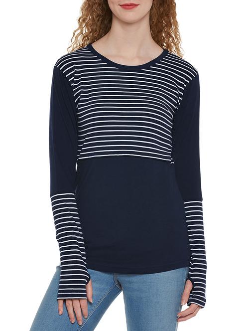 thumb hole sleeved striped tee - 13950028 - Very Small Image - 1